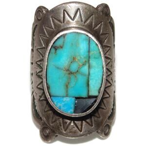 Vintage Sterling Silver Southwestern Turquoise Mens Signet Ring Size 11.5 Biker